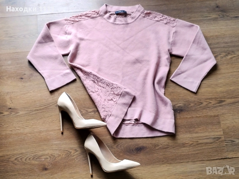 Красив пуловер с дантела цвят пудра на ZARA Зара, р-р S-М, перфектен, снимка 1