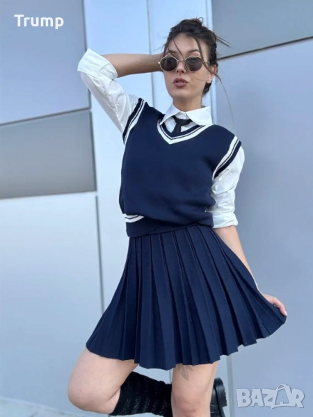 Шик комплект , Академи, пресирана пола , риза , елек, вратовръзка, цвят тъмно син, снимка 1