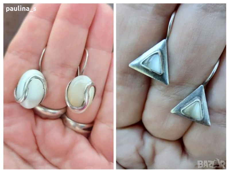 Два различни чифта / Винтидж / Сребърни обеци с бяло котешко око и лунен камък / проба 925 на СБХ, снимка 1