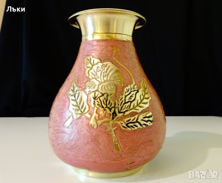 Бронзова ваза,гарафа,емайл,рози 730 гр. , снимка 1