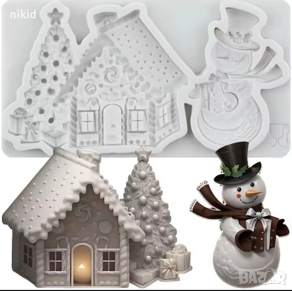 Снежен човек къща елха с подаръци коледен зимен силиконов молд форма фондан шоколад декор, снимка 1