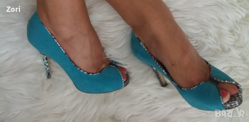 УНИКАЛНИ обувки на платформа в синьо със сиво змийски принт , снимка 1