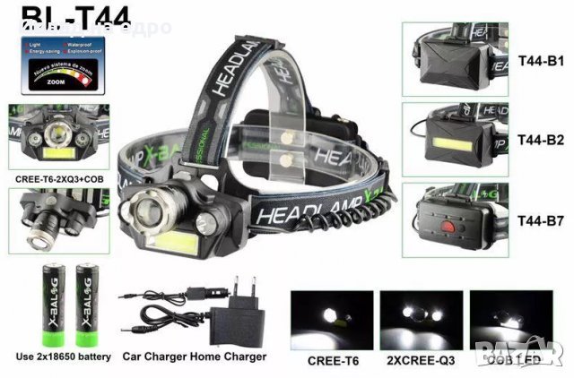 МОЩЕН ZOOM LED четворен челник / фенер за глава Акумулаторен chelnik, снимка 1