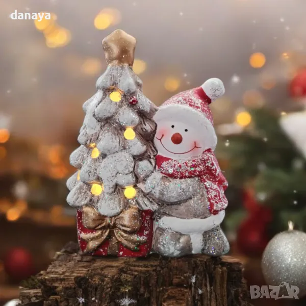 5330 Светеща коледна фигура Дядо Коледа или Снежко с елхичка, 15 см, снимка 1