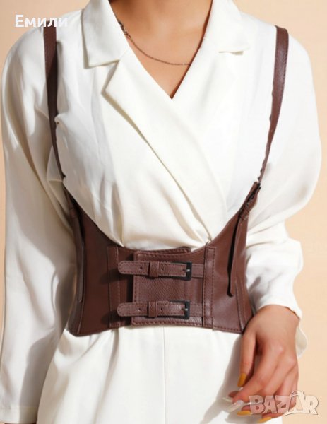 Кафяв кожен корсет-колан с презрамки и катарами р-р XS, S, M, снимка 1