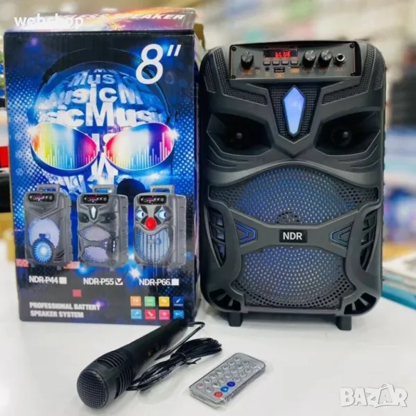 Караоке тонколона NDR-P55, 8", активна, вграден усилвател, 1 жичен микрофон, ДУ, 20W, снимка 1
