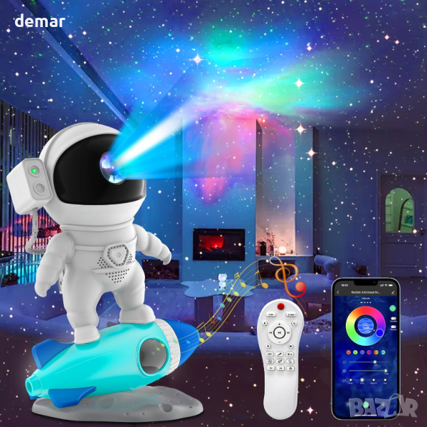 LED проектор астронавт с ракета, галактическа нощна светлина, бял шум, таймер,Bluetooth дистанционно, снимка 1