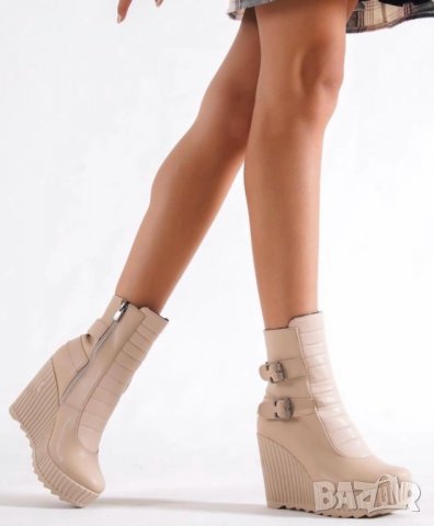 Боти на платформа - бежова кожа (бежово ходило) - B2001