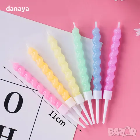 5365 Комплект цветни спираловидни свещи за торта, 6 броя, снимка 3 - Декорация за дома - 47716073