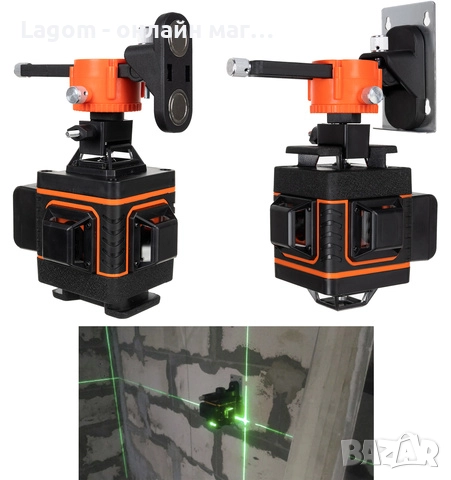 4D лазерен нивелир 16 линии – зелен 360° самонивелиращ, IP54, 2 батерии, скоба за стенен монтаж, снимка 7 - Други инструменти - 52561216