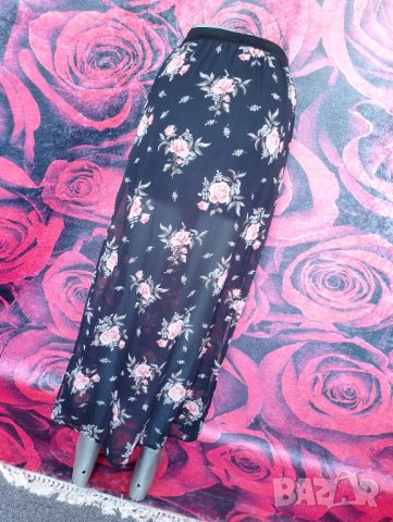 Черна шифон пола с флорални мотиви и цепки С, снимка 2 - Поли - 37616040