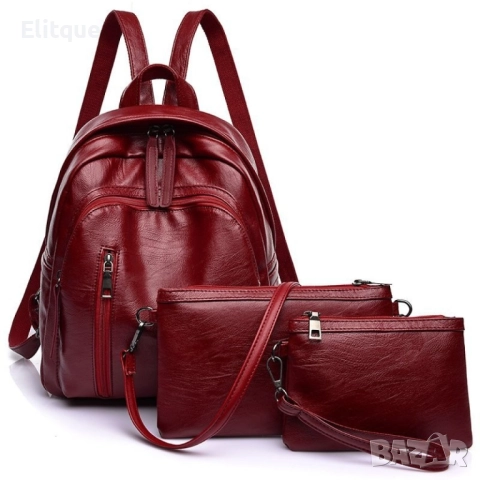 Дамска раница от висококачествена кожа с подарък малка чанта и портмоне , снимка 2 - Раници - 52744304