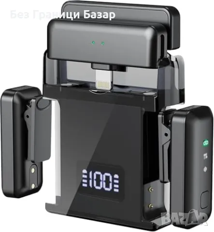 Нов Мини безжичен микрофон с AI шумопотискане, 2 приемника и калъф