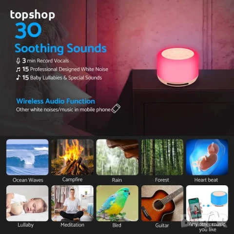 eSynic Машина за бял шум с 32 успокояващи звука и нощна лампа, USB C, блутут за музика, снимка 5 - Пелени, памперси - 50559931