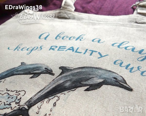 Текстилна чанта / торба за пазар с дълги дръжки "Делфини" /принт, авторска илюстрация/, снимка 6 - Чанти - 27069637