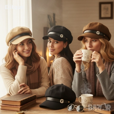 Елегантна дамска шапка тип фуражка с декоративна лента и метално лого, снимка 8 - Шапки - 52672612