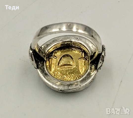 Сребърен пръстен с позлатена реплика на монета на Брут с камите, снимка 2 - Пръстени - 36811851