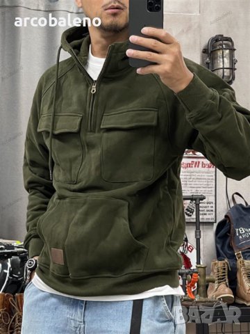 Мъжки едноцветен суичър с много джобове с качулка, 6цвята, снимка 7 - Суичъри - 44019407