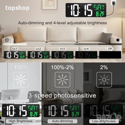 Aolyty 16,5-инчов LED дигитален стенен часовник с дистанционно управление, (бяло-зелен), снимка 4 - Други стоки за дома - 50569506