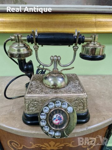 Страхотен антикварен колекционерски телефон от месинг и бакелит , снимка 6 - Антикварни и старинни предмети - 43309785