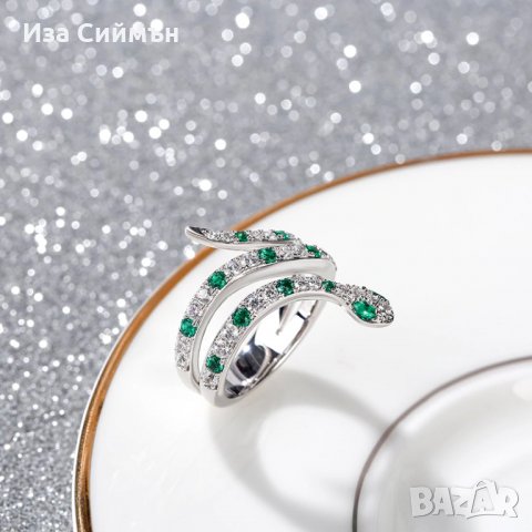 Пръстен змия със смарагди, медицинска стомана, снимка 4 - Пръстени - 32502594