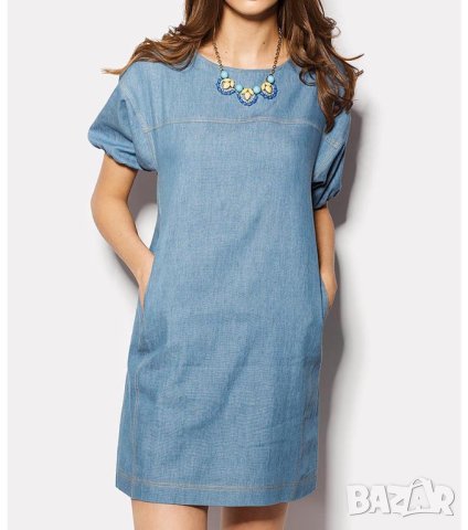 Синя рокля от деним с къс ръкав - M, снимка 2 - Рокли - 43112911