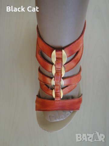 Оранжеви кожени дамски сандали със "златни" елементи, летни обувки, чехли, естествена кожа, снимка 2 - Сандали - 28419497