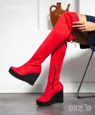 Ботуши на платформа - червен велур с черно ходило - 1906