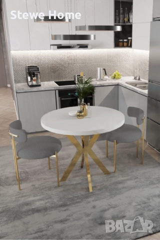 Кръгла маса за хранене 90x90 със златна основа и столове, снимка 2 - Маси - 52305046