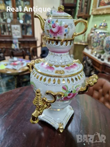 Рядък антикварен колекционерски руски съветски порцеланов самовар Гжель , снимка 5 - Антикварни и старинни предмети - 48353134