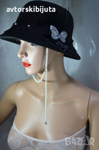 ⚜️ Черна шапка филц с перли №3060, снимка 2 - Шапки - 37671760