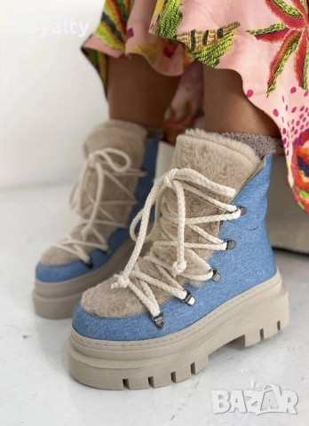 Боти на платформа - бежово със синьо