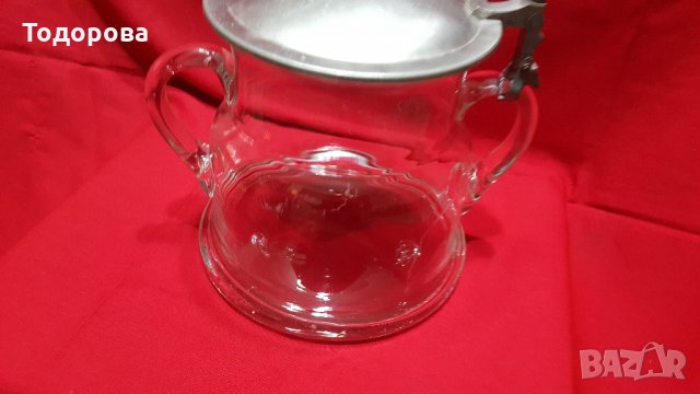 Голям стъклен съд с метален капак., снимка 3 - Антикварни и старинни предмети - 27367912