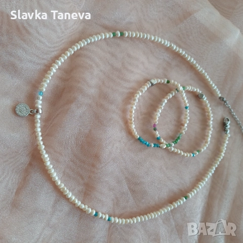 Бижута от речни перли, сребърни елементи и турмалин – сет от колие и две гривни. , снимка 5 - Бижутерийни комплекти - 52271198