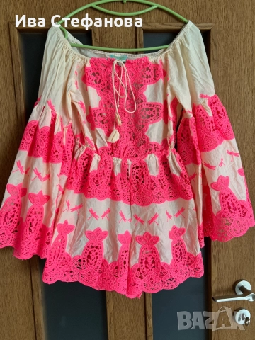 Нов рязана дантела елегантен бял розов гащеризон 