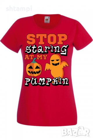 Дамска тениска Stop Staring At My Pumpkin 2,Halloween,Хелоуин,Празник,Забавление,Изненада,Обичаи,, снимка 3 - Тениски - 38138377