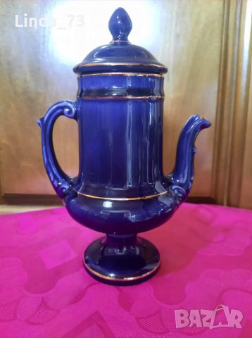 Антикварно, френско чайниче с капаче  - Limoges porcelain - кобалт и злато., снимка 2 - Аксесоари за кухня - 37587651