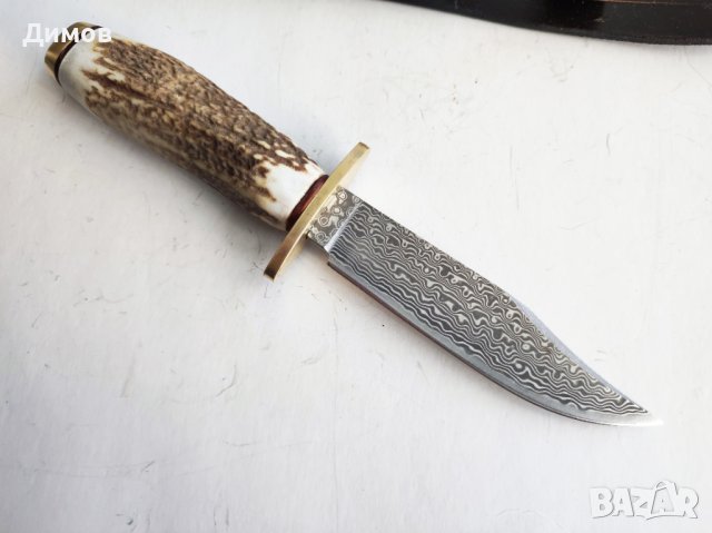 Нож дамаск Ламинат Рог Кожена кания, снимка 2 - Ножове - 43624153