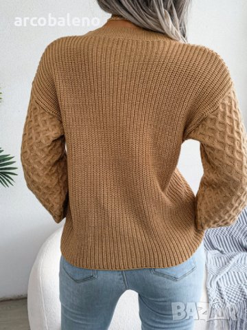 Дамски плетен пуловер с дълъг фенер ръкав за свободното време, 3цвята - 024, снимка 15 - Блузи с дълъг ръкав и пуловери - 43468486