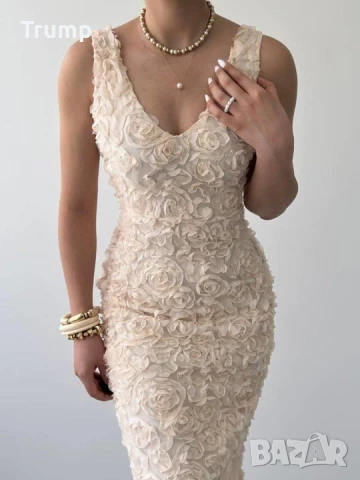 Елегантна дълга рокля,3D цветя, нежно екрю, снимка 2 - Рокли - 50614853