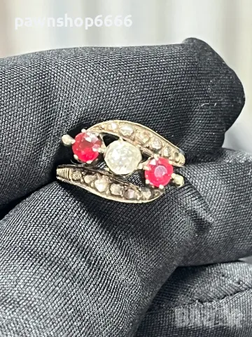 💎 Великолепен античен златен пръстен „Трилогия“ с диаманти и рубини (19-ти век) 💎, снимка 9 - Пръстени - 49260692