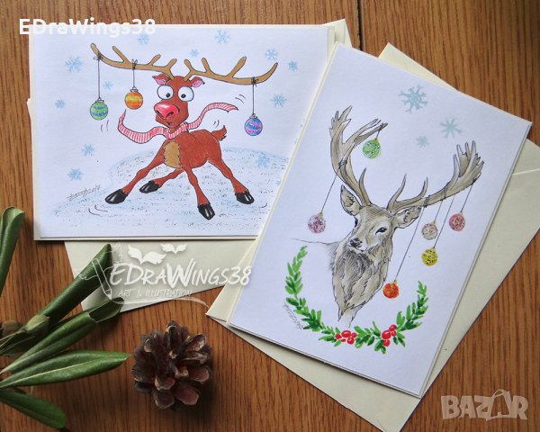 Ръчно рисувани коледни картички с еленчета
