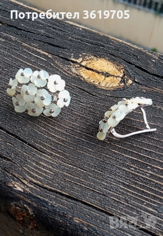 Сребърни обеци с естествен седеф и фианити (изкуствени диаманти), снимка 4 - Обеци - 51678832