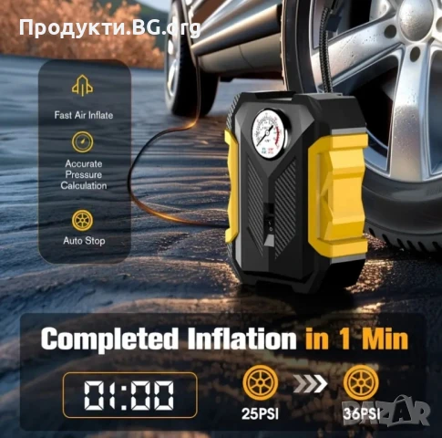 Мощен CaRSun 12V компресор за гуми – запалка, LED, защита от пренапомпване
