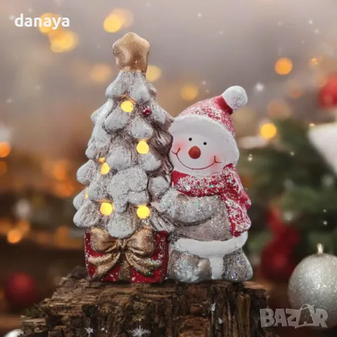 5330 Светеща коледна фигура Дядо Коледа или Снежко с елхичка, 15 см
