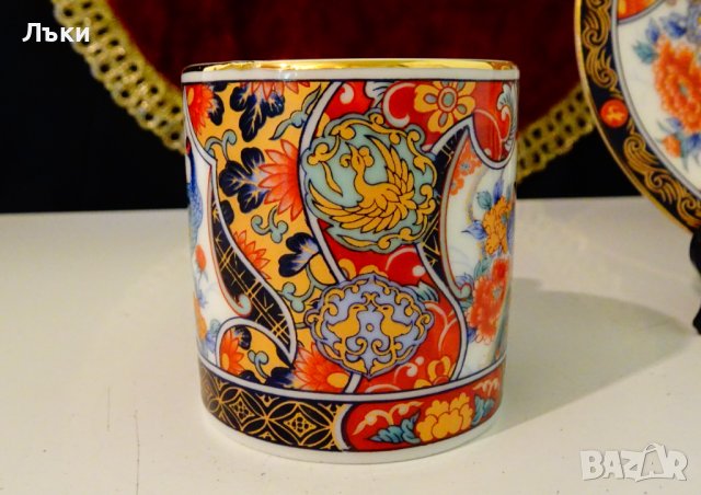 Чаша с чиния японски порцелан Eiwa Kinsei,злато,пауни. , снимка 4 - Антикварни и старинни предмети - 37925311