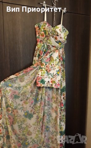 Дълга рокля копринена с къса непрозрачна предна част със същия пъстър принт, както коприната, снимка 13 - Рокли - 37338370