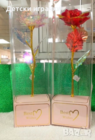 Вечна Роза в кутия със златно покритие 40см с LED светлини, снимка 3 - Други - 53091849