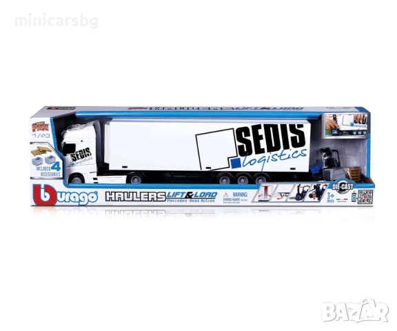 Bburago 1:43 Mercedes-Benz Actros SEDIS – камион с ремарке и мотокар (Street Fire Haulers Lift & Loa, снимка 11 - Колекции - 52904859