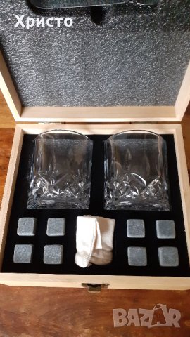 чаши масивни стъклени с каменни кубчета лед в масивна дървена кутия от естествен бамбук, снимка 6 - Чаши - 43440525